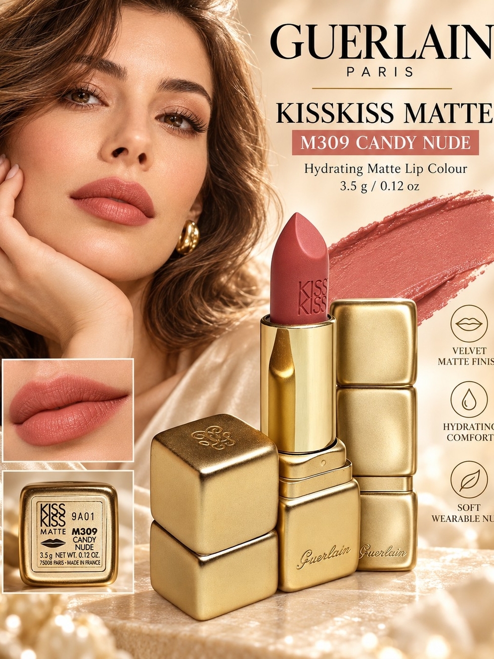 Guerlain KissKiss Matte Lipstick – M309 Candy Nude